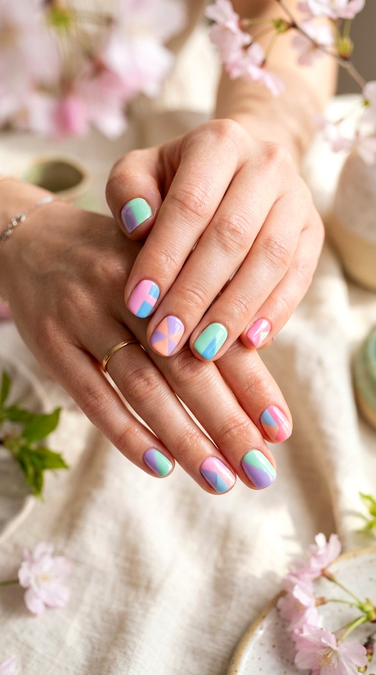 Pastel Color Block Nails - 28 Short Spring Nail Designs That Are Cute and Practical
