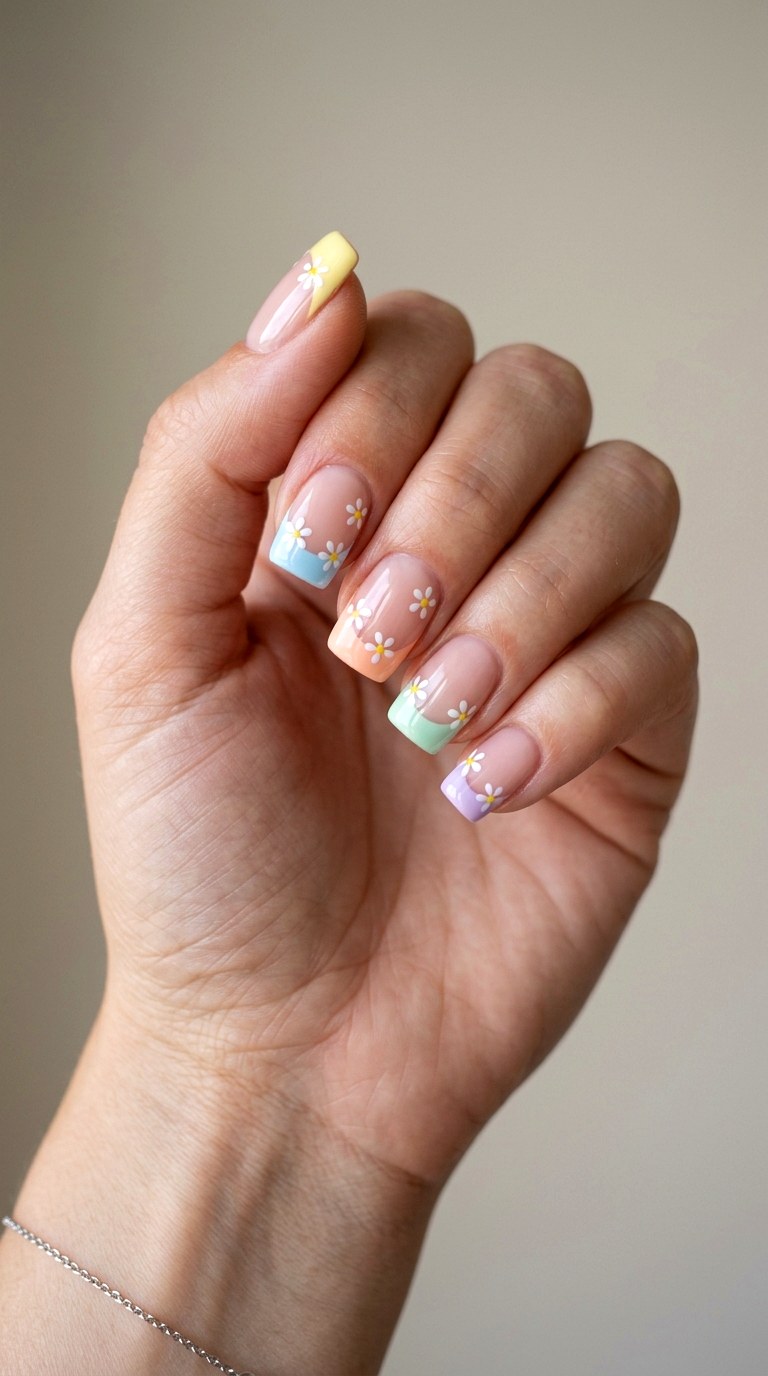 Pastel French Mix with Daisy Accents - 29 Festive Spring Multicolor Acrylic Nails