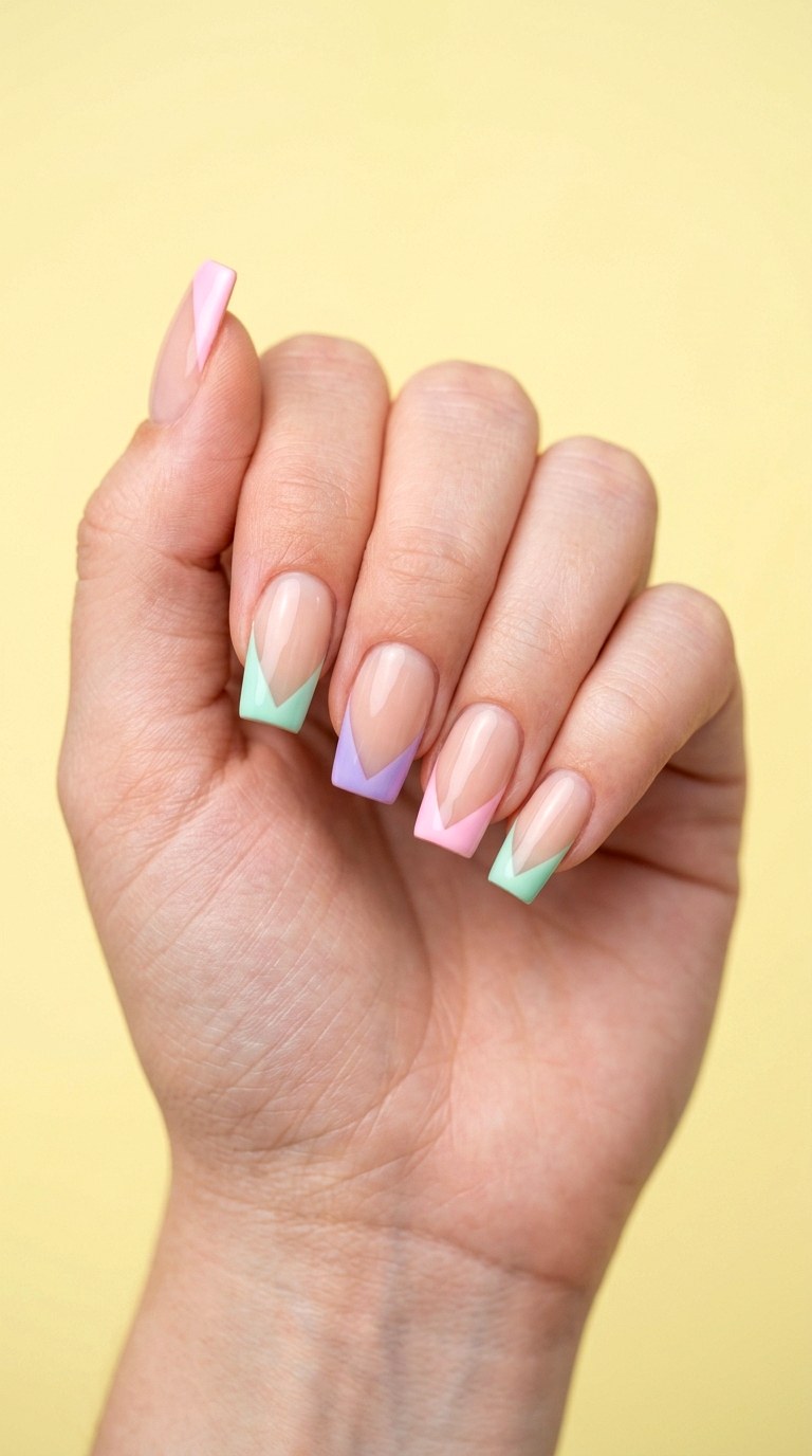 Pastel French Tip V Neck - 24 Fresh Spring Acrylic Nails