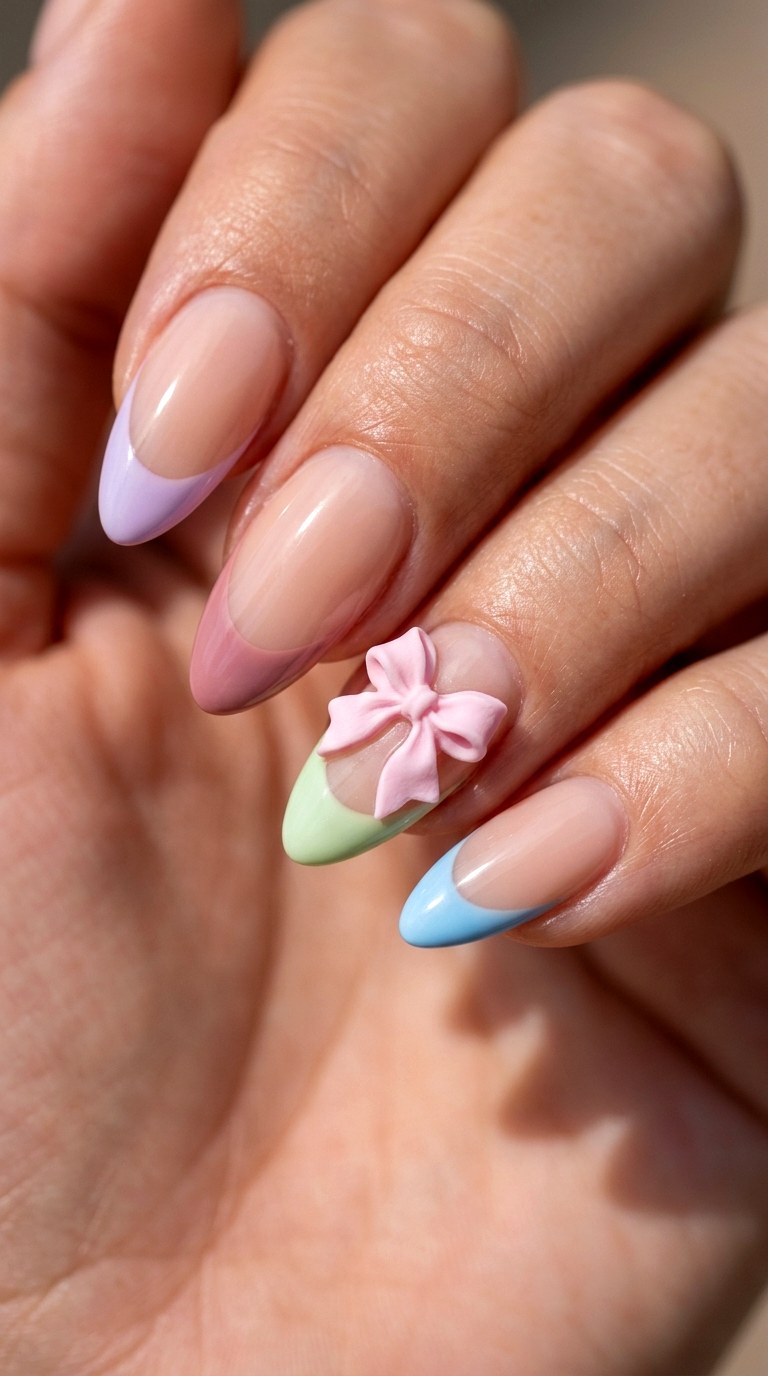 Pastel French with Tiny D Ribbon Bows - 20 Sunny Spring Multicolor Acrylic Nails