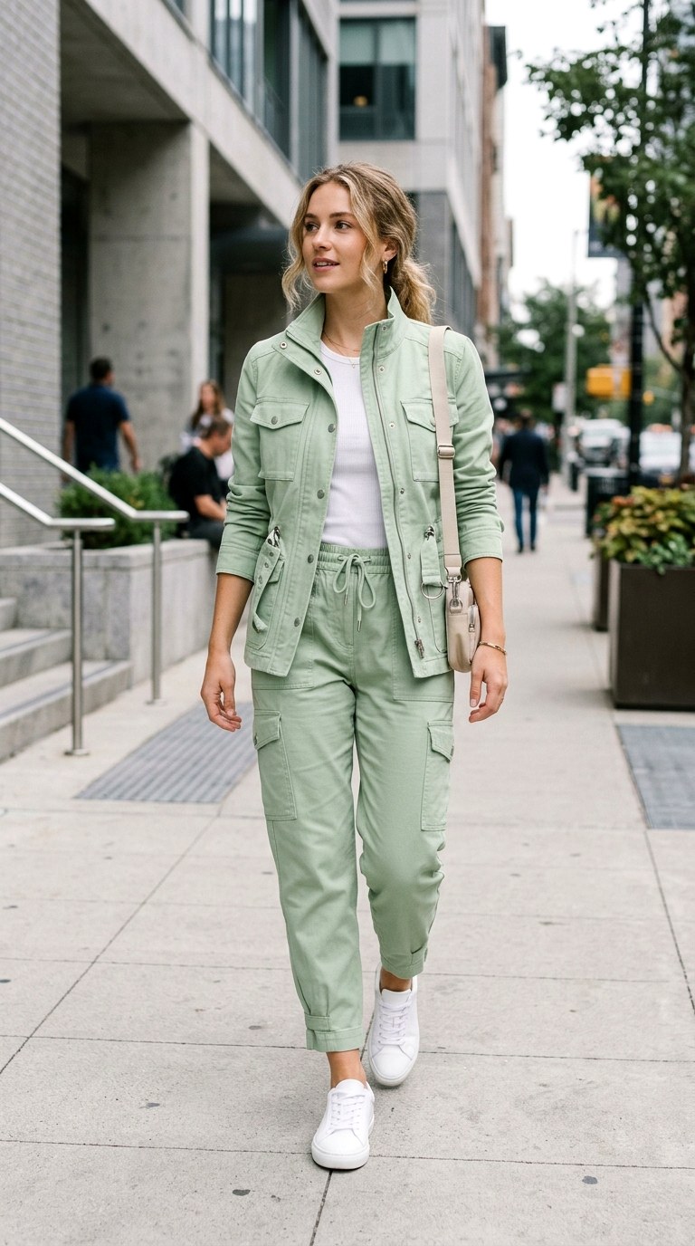 Pastel Green Utility Chic Look - 21 Dreamy Pastel Spring Outfits 2026 That Feel Super Viral and Soft - Copy