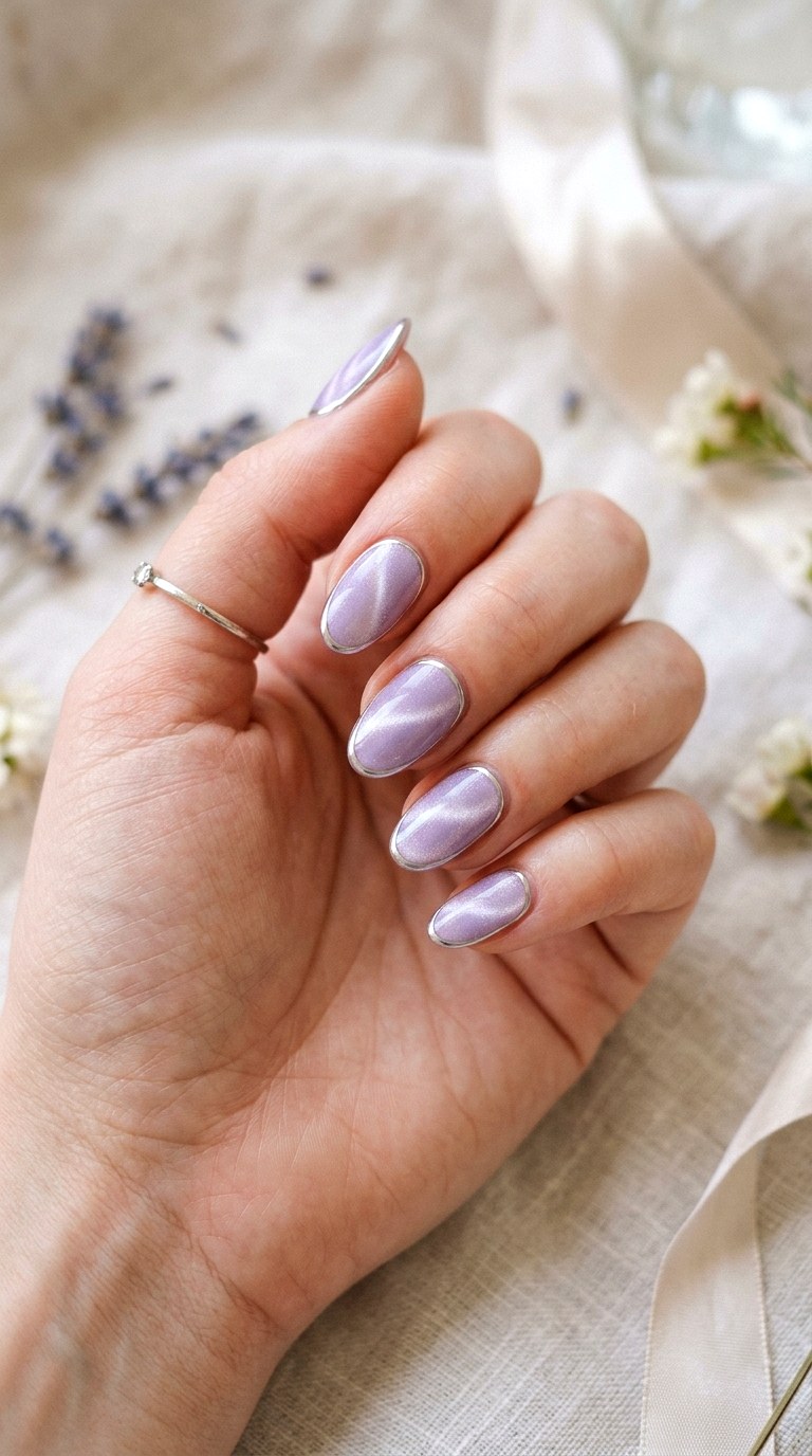 Pastel Lavender Cat Eye with Silver Outline - 22 Summer Chrome Outline Cat Eye Nails Ideas