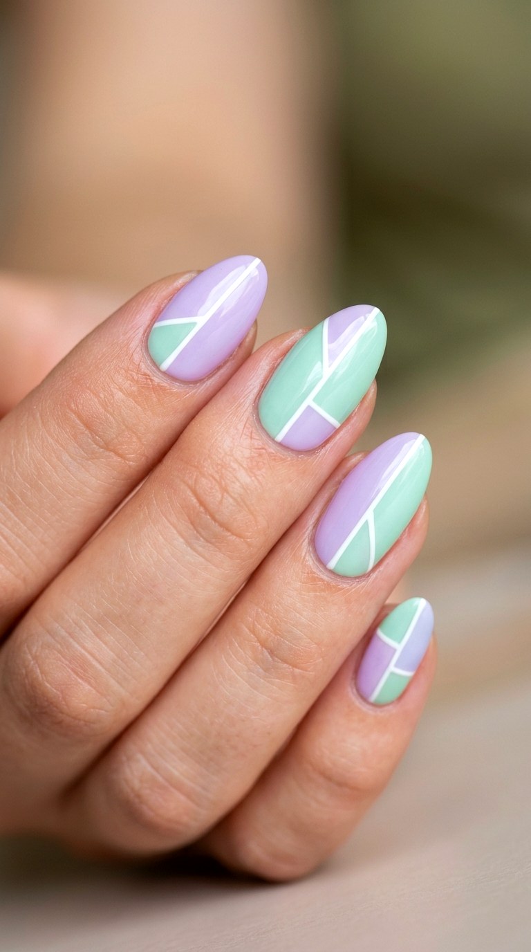 Pastel Lavender and Mint Color Blocking - 23 Geometric Spring Two Colored Nails