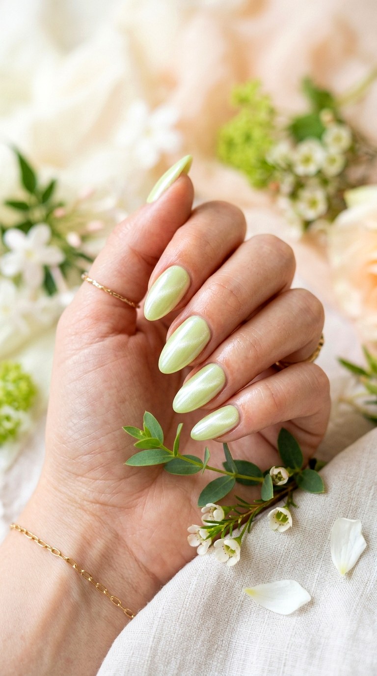 Pastel Lime Pearl Cat Eye - 23 Summer Soft Green Shimmer Cat Eye Nails Ideas