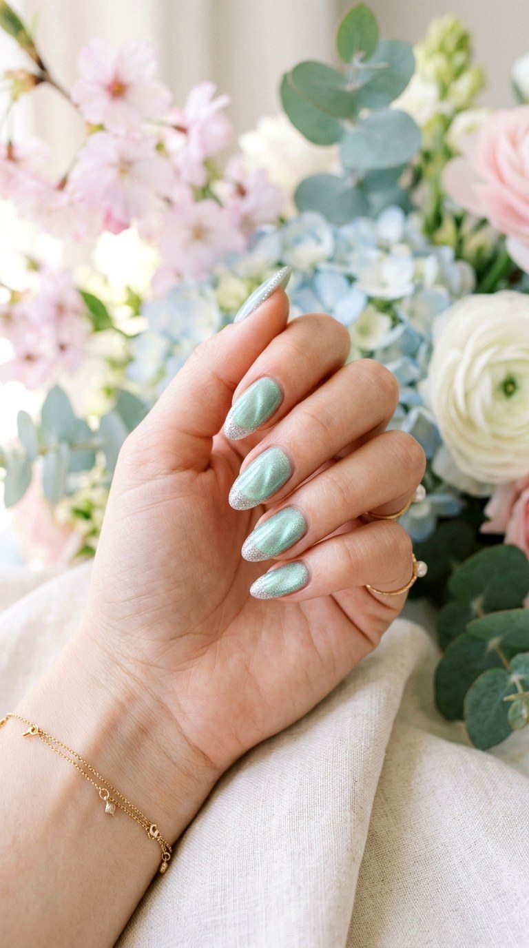 Pastel Mint Cat Eye with Glitter French Tips - 20 Spring Mint Green Cat Eye Nails with SparkleIdeas