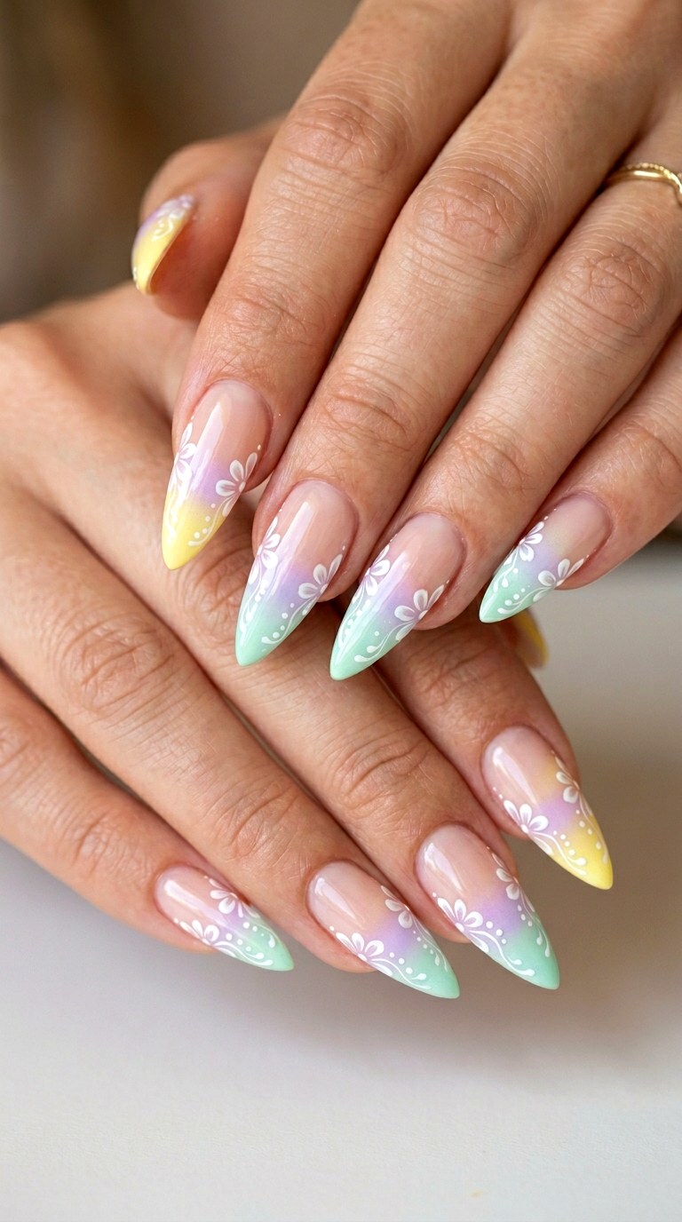 Pastel Ombre Petal Tips - 28 Botanical Spring Stiletto Nails