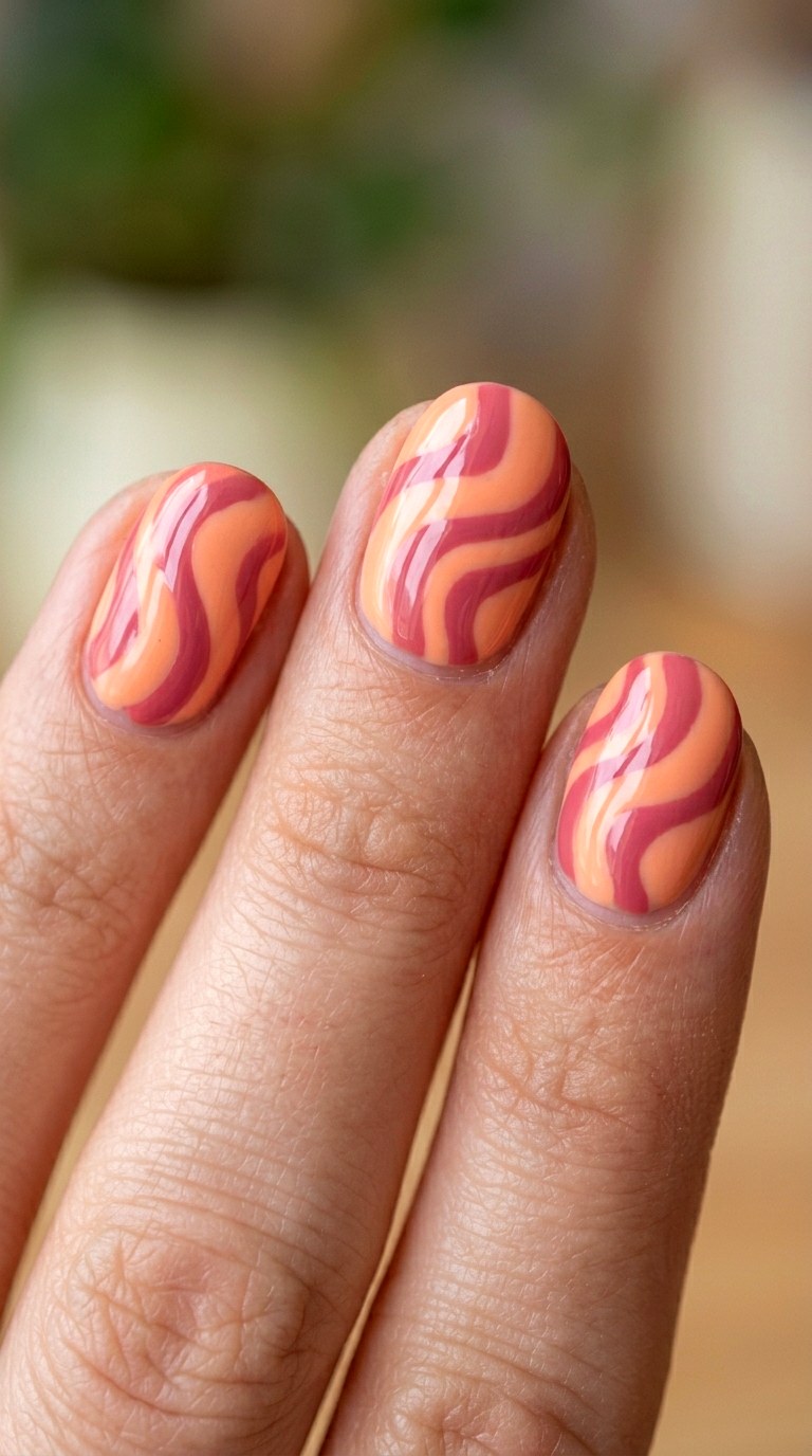 Pastel Orange and Rhubarb Pink Waves - 28 Stylish Spring Two Colored Nails
