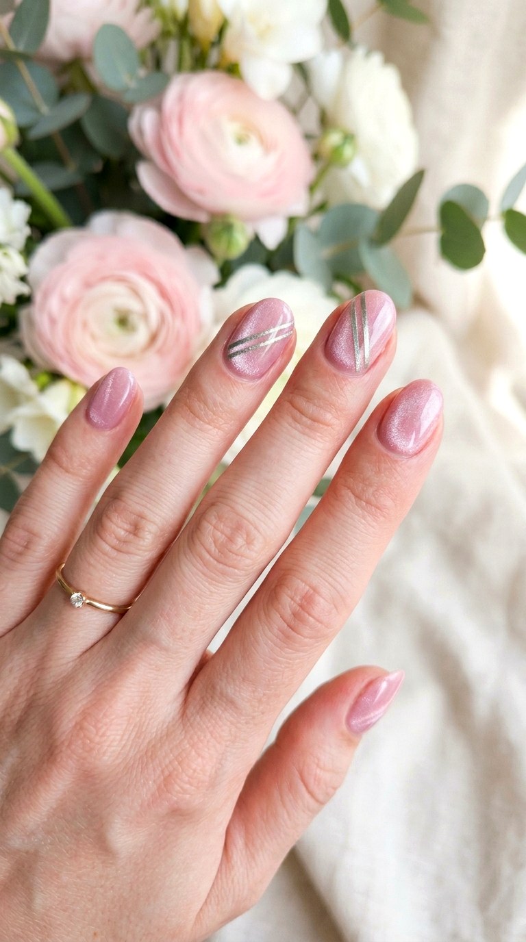 Pastel Pink Cat Eye with Double Shimmer Lines - 22 Summer Pink Cat Eye Nails with Shimmer Line Ideas