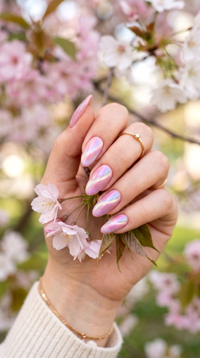 Pastel Pink Cat Eye with Iridescent Shimmer - 20 Spring Pink Cat Eye Nails with Shimmer Line Ideas