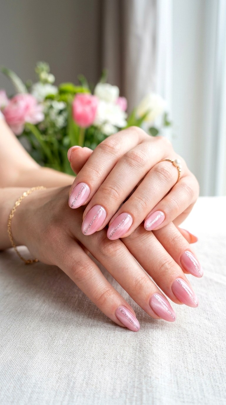 Pastel Pink Ombre Cat Eye with Shimmer Strip - 20 Spring Pink Cat Eye Nails with Shimmer Line Ideas