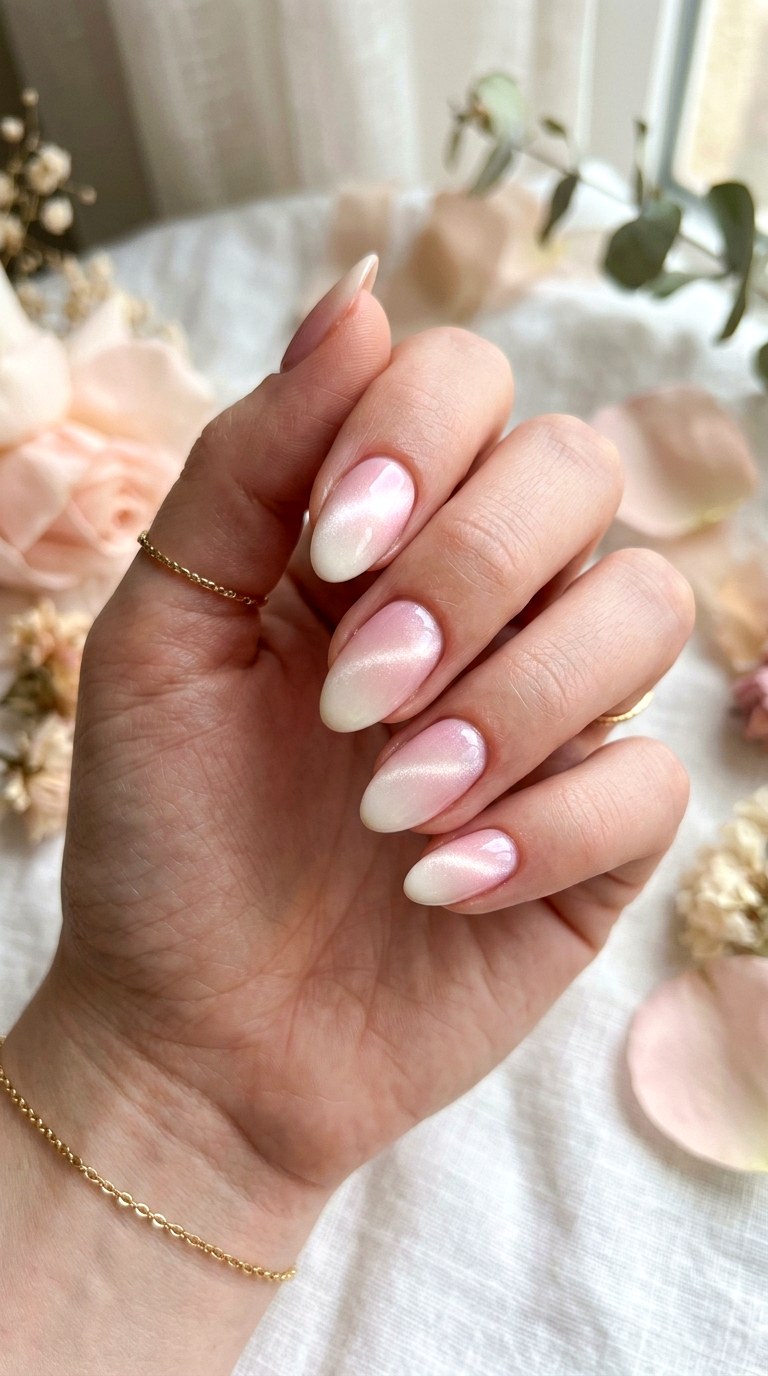 Pastel Pink and White Cat Eye Glow - 20 Spring Pink and White Gradient Cat Eye Nails Ideas