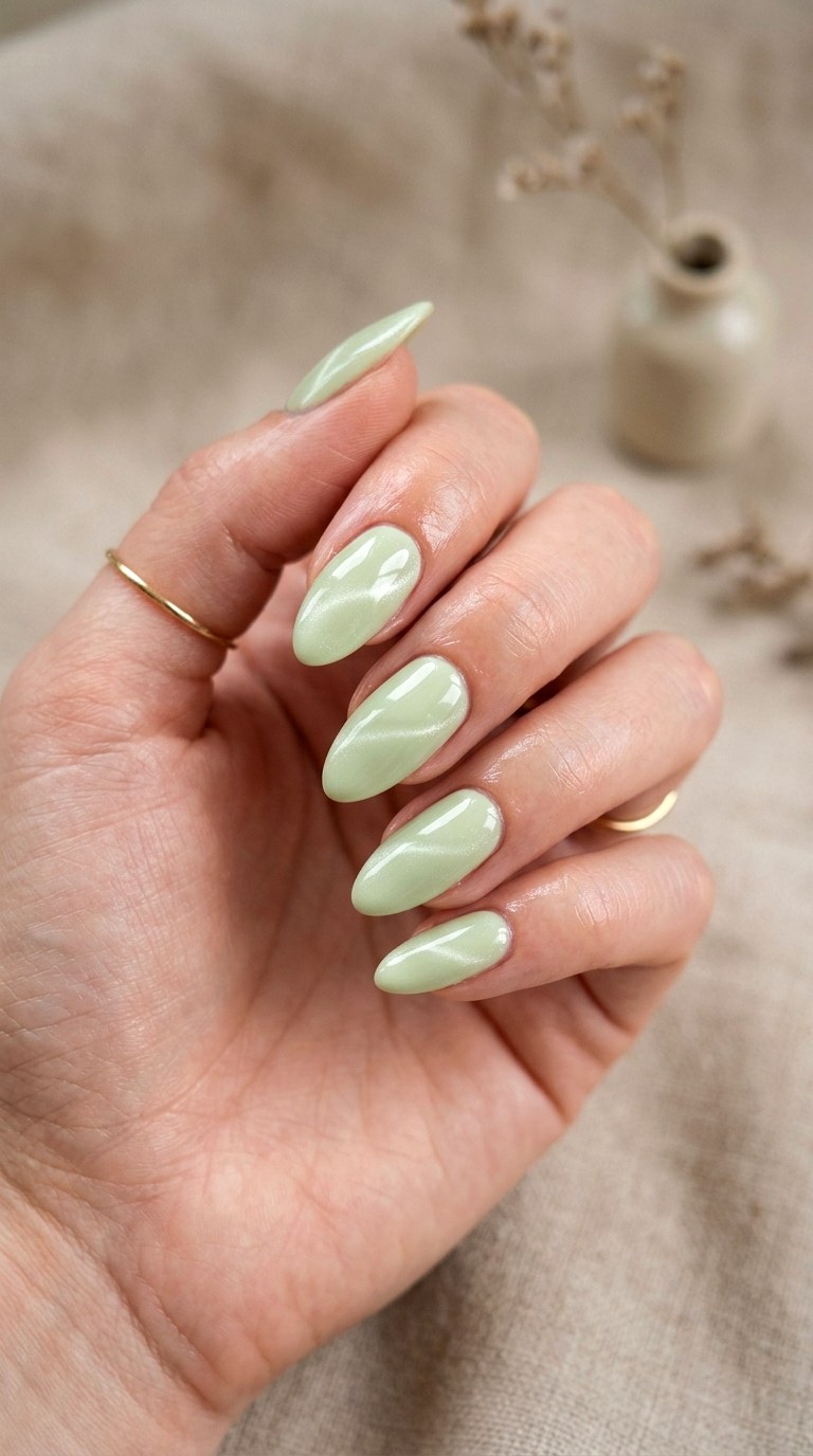 Pastel Pistachio Magnetic Nails - 23 Summer Soft Green Shimmer Cat Eye Nails Ideas