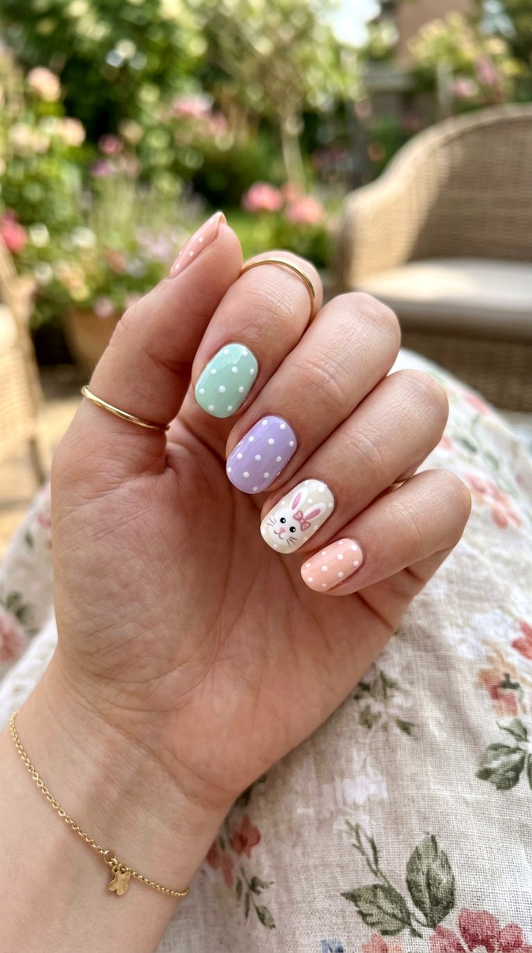 Pastel Polka Dot Bunny Nails - 26 Summer Pastel Bunny Cartoon Nail Ideas