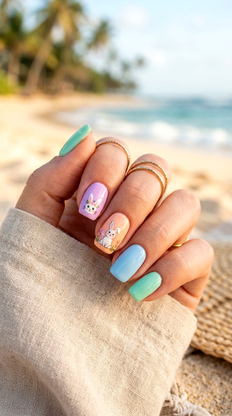 Pastel Rainbow Bunny Nails - 26 Summer Pastel Bunny Cartoon Nail Ideas