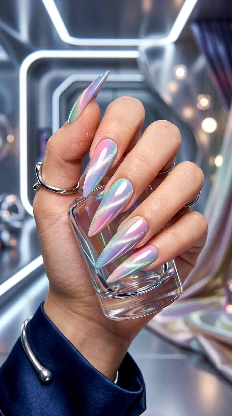 Pastel Rainbow Cat Eye Chrome Finish - 20 Spring Pastel Rainbow Cat Eye Nails Ideas