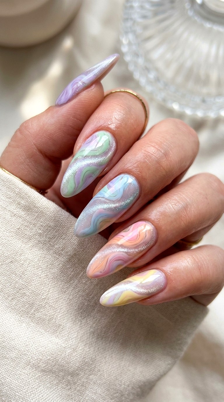 Pastel Rainbow Cat Eye Marble Nails - 20 Spring Pastel Rainbow Cat Eye Nails Ideas