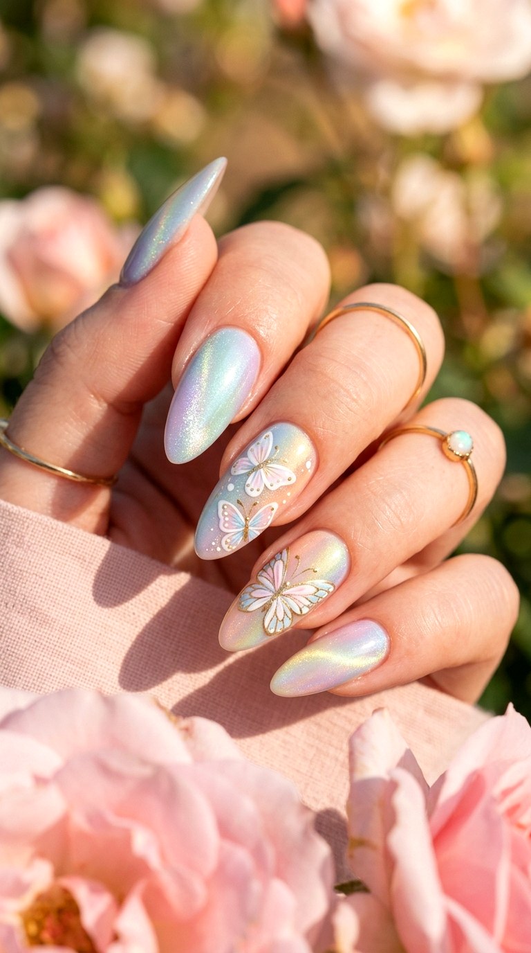 Pastel Rainbow Cat Eye Nails with Butterfly Accents - 20 Summer Pastel Rainbow Cat Eye Nails Ideas