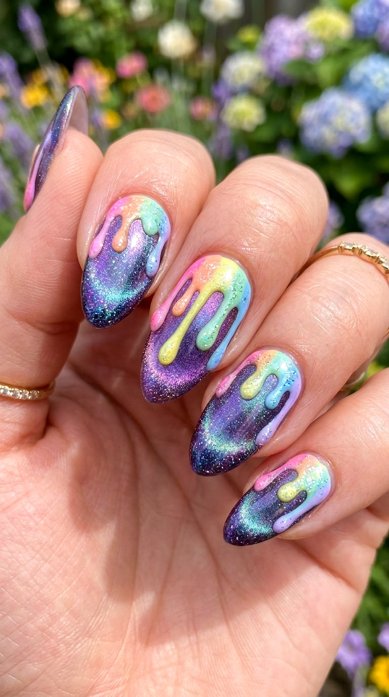 Pastel Rainbow Cat Eye Nails with Drip Effect - 20 Summer Pastel Rainbow Cat Eye Nails Ideas