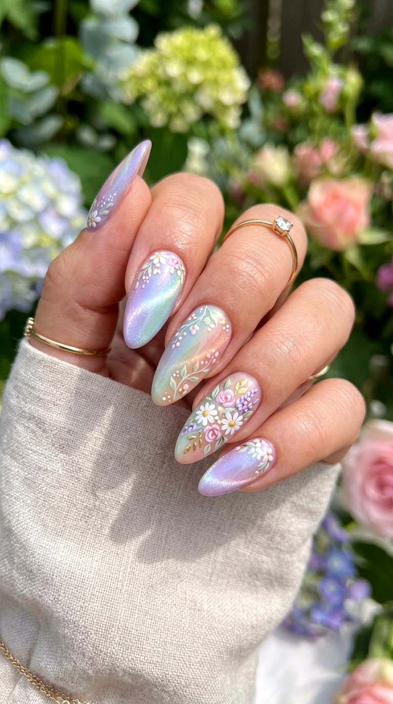 Pastel Rainbow Cat Eye Nails with Floral Art - 20 Summer Pastel Rainbow Cat Eye Nails Ideas