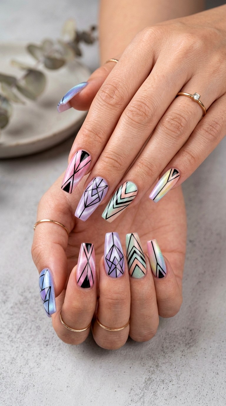 Pastel Rainbow Cat Eye Nails with Geometric Patterns - 20 Summer Pastel Rainbow Cat Eye Nails Ideas