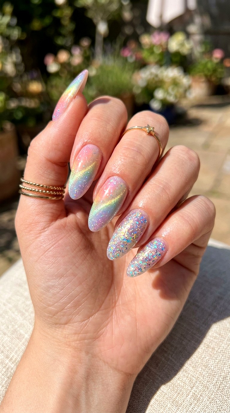 Pastel Rainbow Cat Eye Nails with Glitter Accents - 20 Summer Pastel Rainbow Cat Eye Nails Ideas