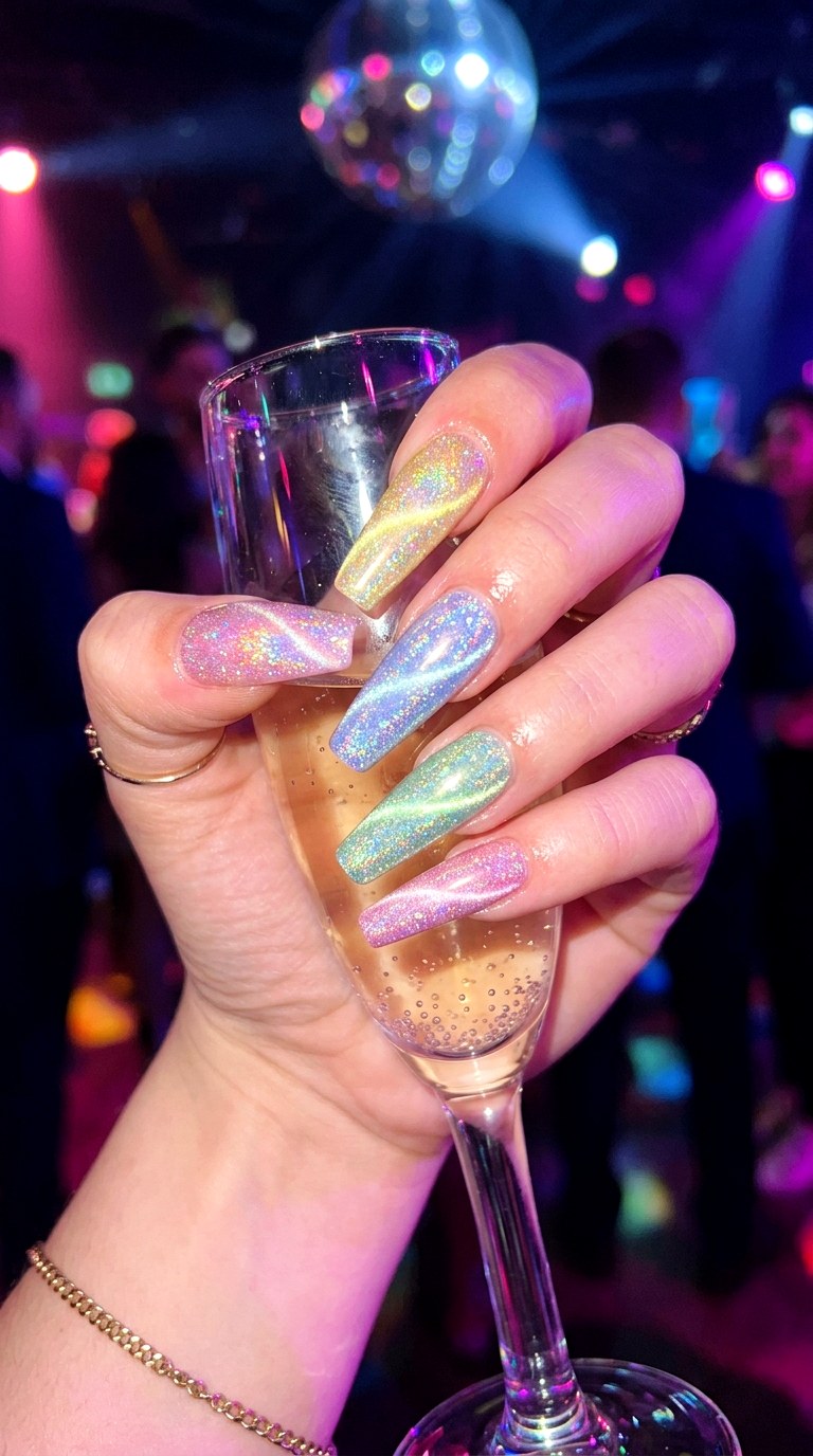 Pastel Rainbow Cat Eye Nails with Glitter Overlay - 20 Spring Pastel Rainbow Cat Eye Nails Ideas