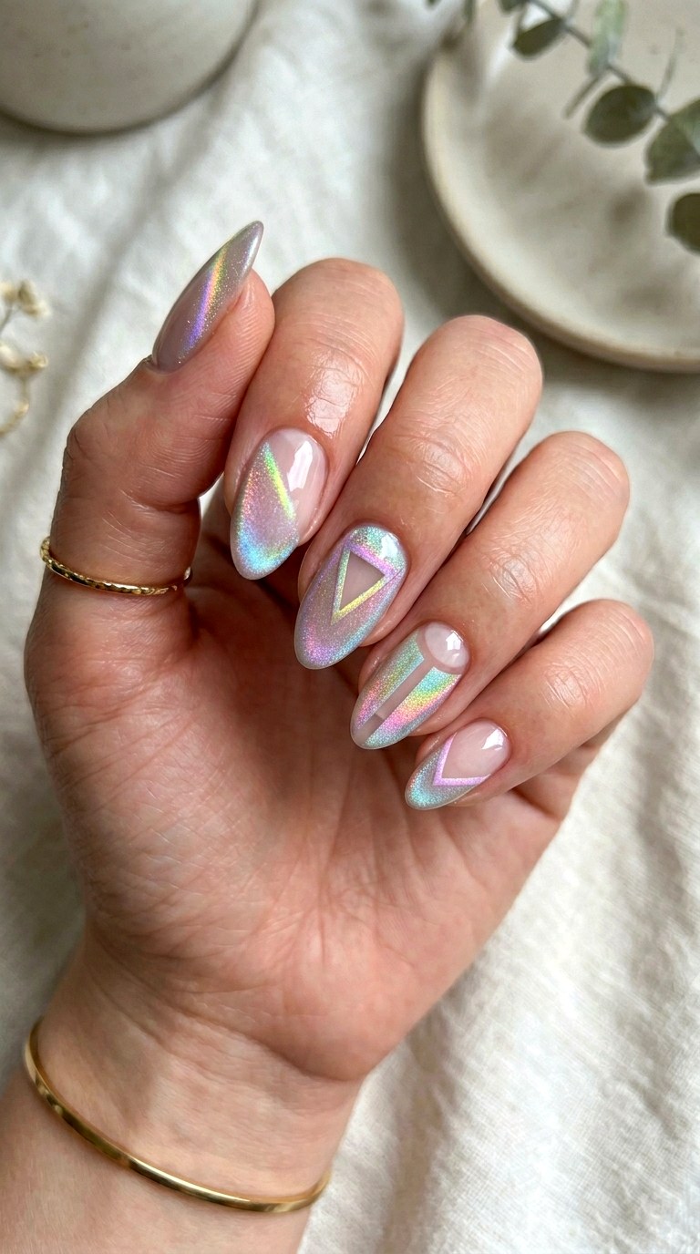 Pastel Rainbow Cat Eye Nails with Negative Space - 20 Summer Pastel Rainbow Cat Eye Nails Ideas