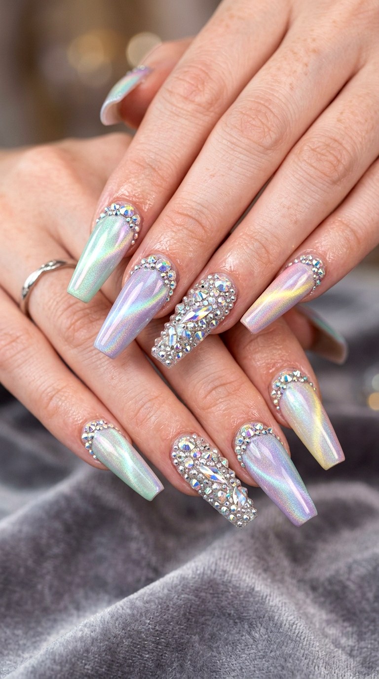 Pastel Rainbow Cat Eye Nails with Rhinestones - 20 Summer Pastel Rainbow Cat Eye Nails Ideas