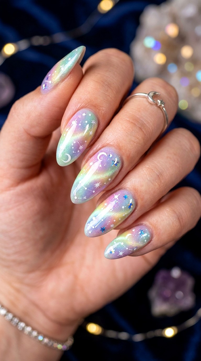 Pastel Rainbow Cat Eye Nails with Star Designs - 20 Summer Pastel Rainbow Cat Eye Nails Ideas