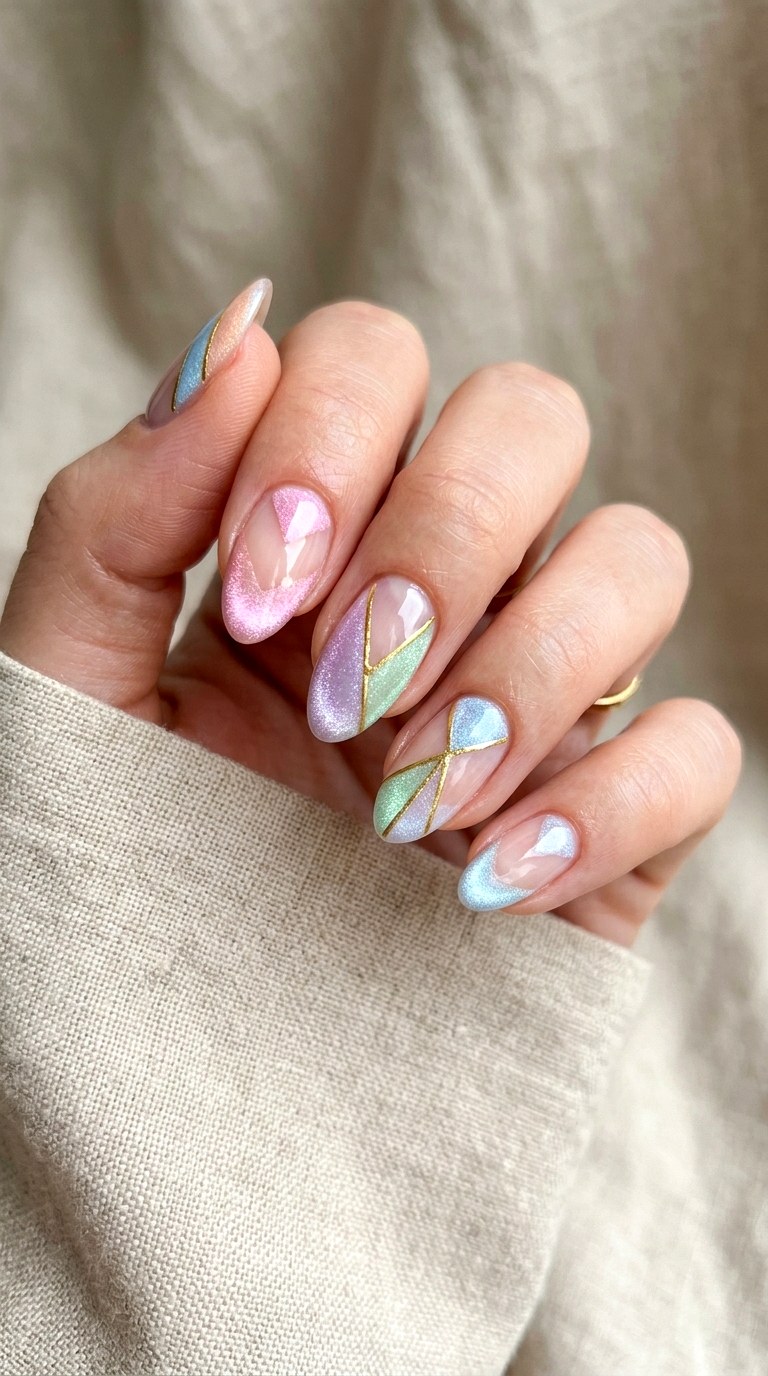 Pastel Rainbow Cat Eye Negative Space Nails - 20 Spring Pastel Rainbow Cat Eye Nails Ideas