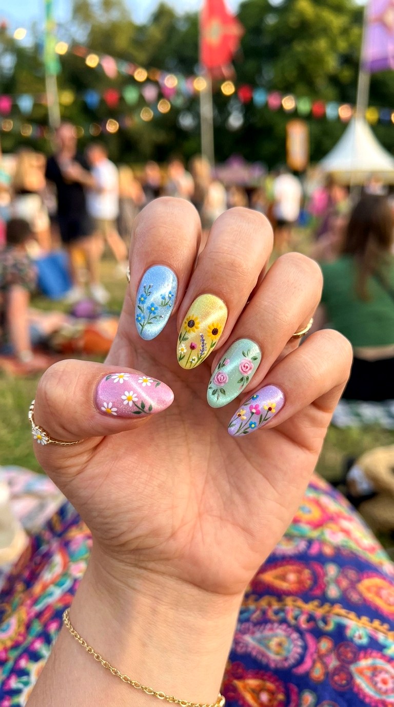Pastel Rainbow Cat Eye with Floral Mix - 25 Summer Floral Cat Eye Nails Ideas
