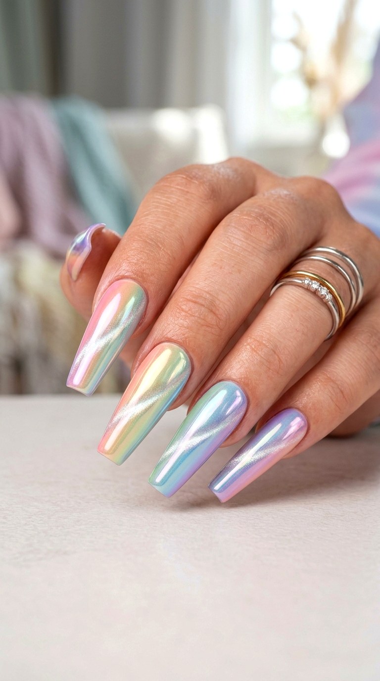 Pastel Rainbow Chrome Cat Eye Nails - 20 Summer Pastel Rainbow Cat Eye Nails Ideas