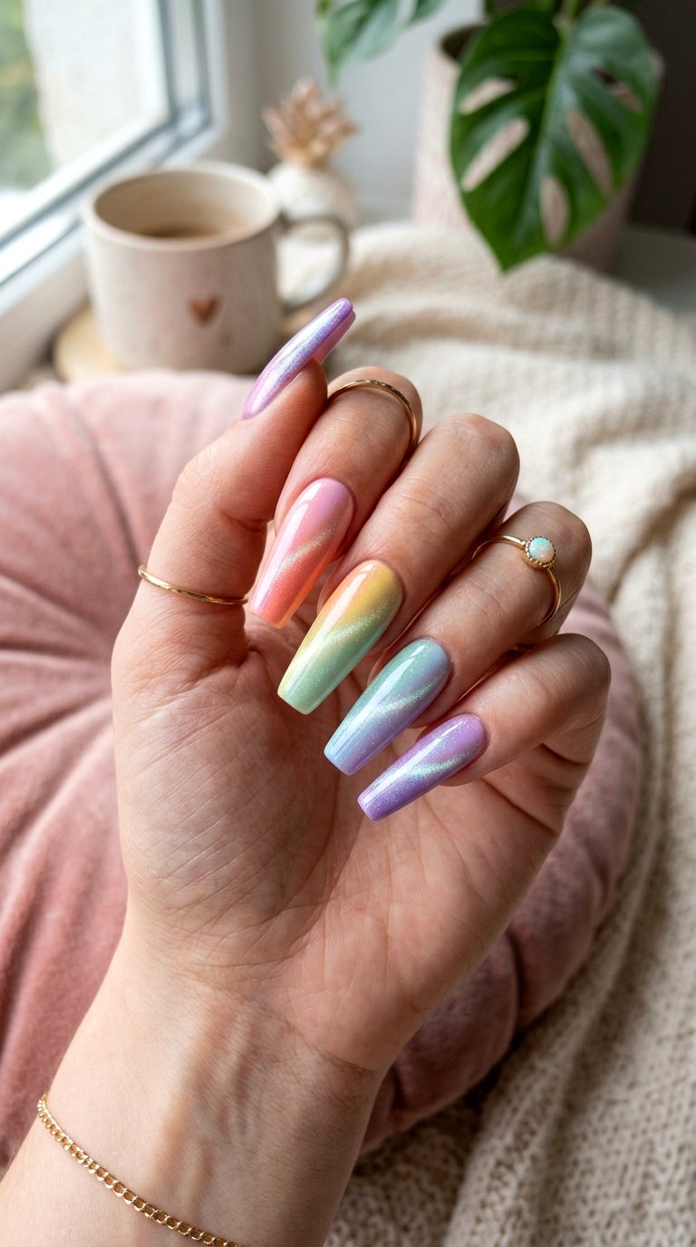 Pastel Rainbow Diagonal Cat Eye Ombre Nails - 24 Summer Ombre Pastel Cat Eye Nails Ideas
