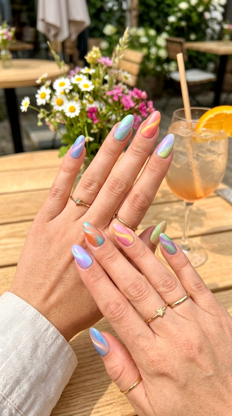 Pastel Rainbow Dual Tone Mix - 26 Summer Dual-Tone Magnetic Cat Eye Nails Ideas
