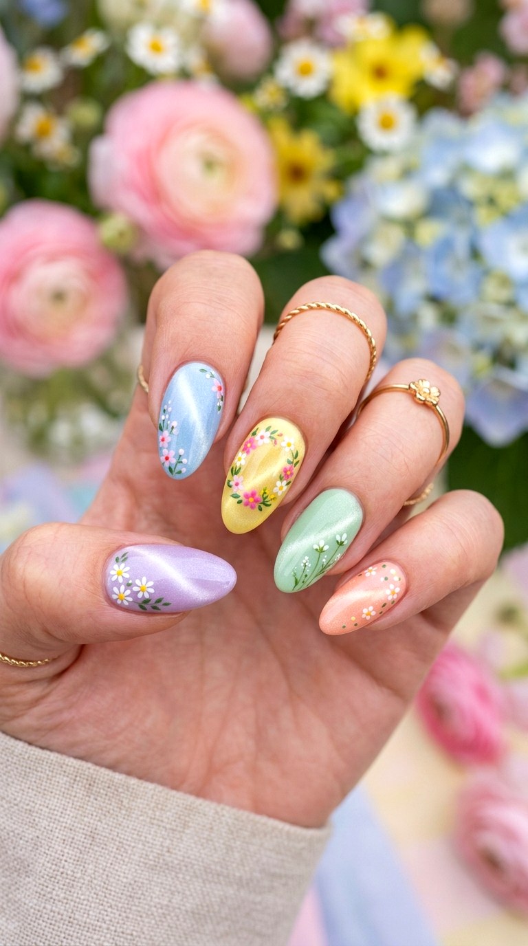 Pastel Rainbow Floral Cat Eye Nails - 20 Spring Floral Cat Eye Nails Ideas