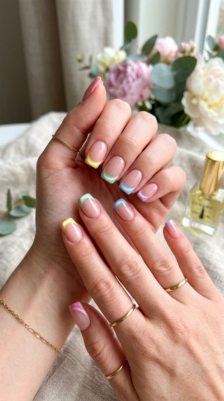 Pastel Rainbow French Cat Eye Tips - 20 Spring Pastel Rainbow Cat Eye Nails Ideas