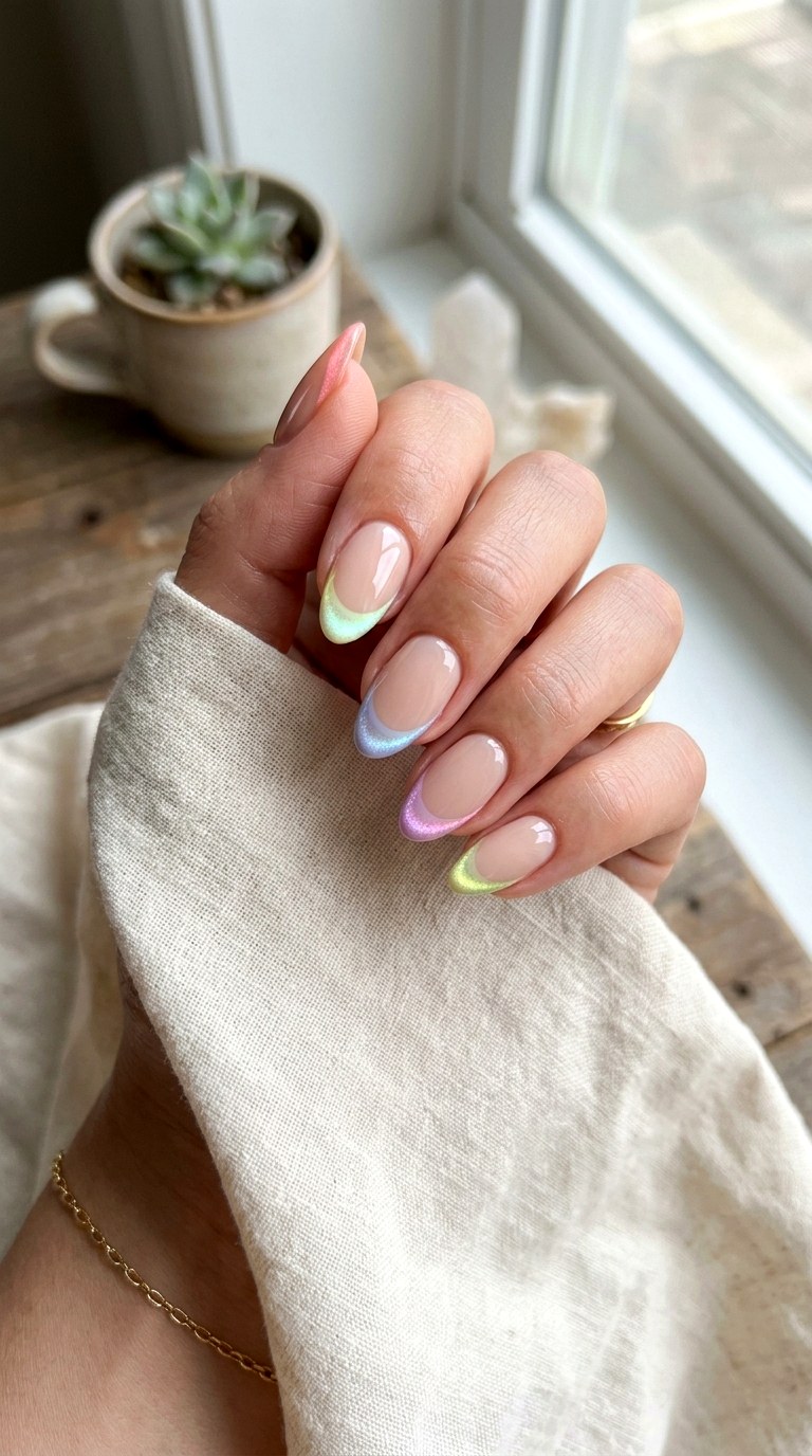 Pastel Rainbow French Tip Cat Eye Nails - 20 Summer Pastel Rainbow Cat Eye Nails Ideas