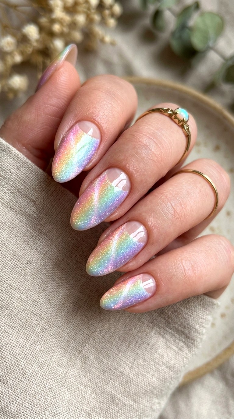 Pastel Rainbow Half Moon Cat Eye Nails - 20 Summer Pastel Rainbow Cat Eye Nails Ideas