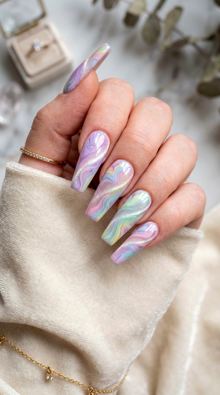 Pastel Rainbow Marble Cat Eye Nails - 20 Summer Pastel Rainbow Cat Eye Nails Ideas