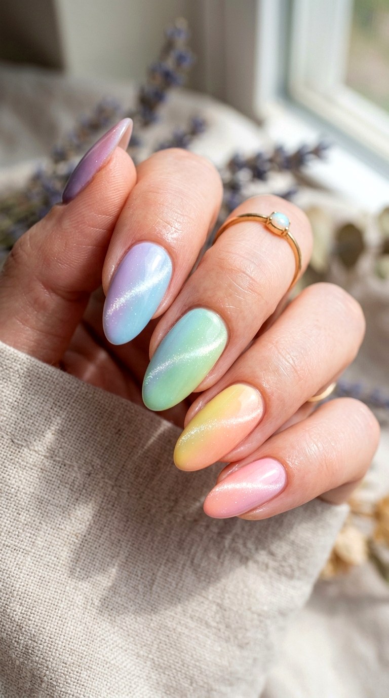 Pastel Rainbow Ombre Cat Eye Nails - 20 Summer Pastel Rainbow Cat Eye Nails Ideas