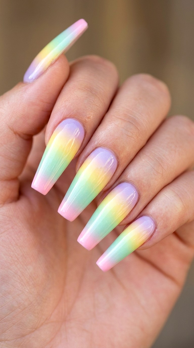 Pastel Rainbow Ombre Coffin Nails - 26 Early Spring Multicolor Acrylic Nails