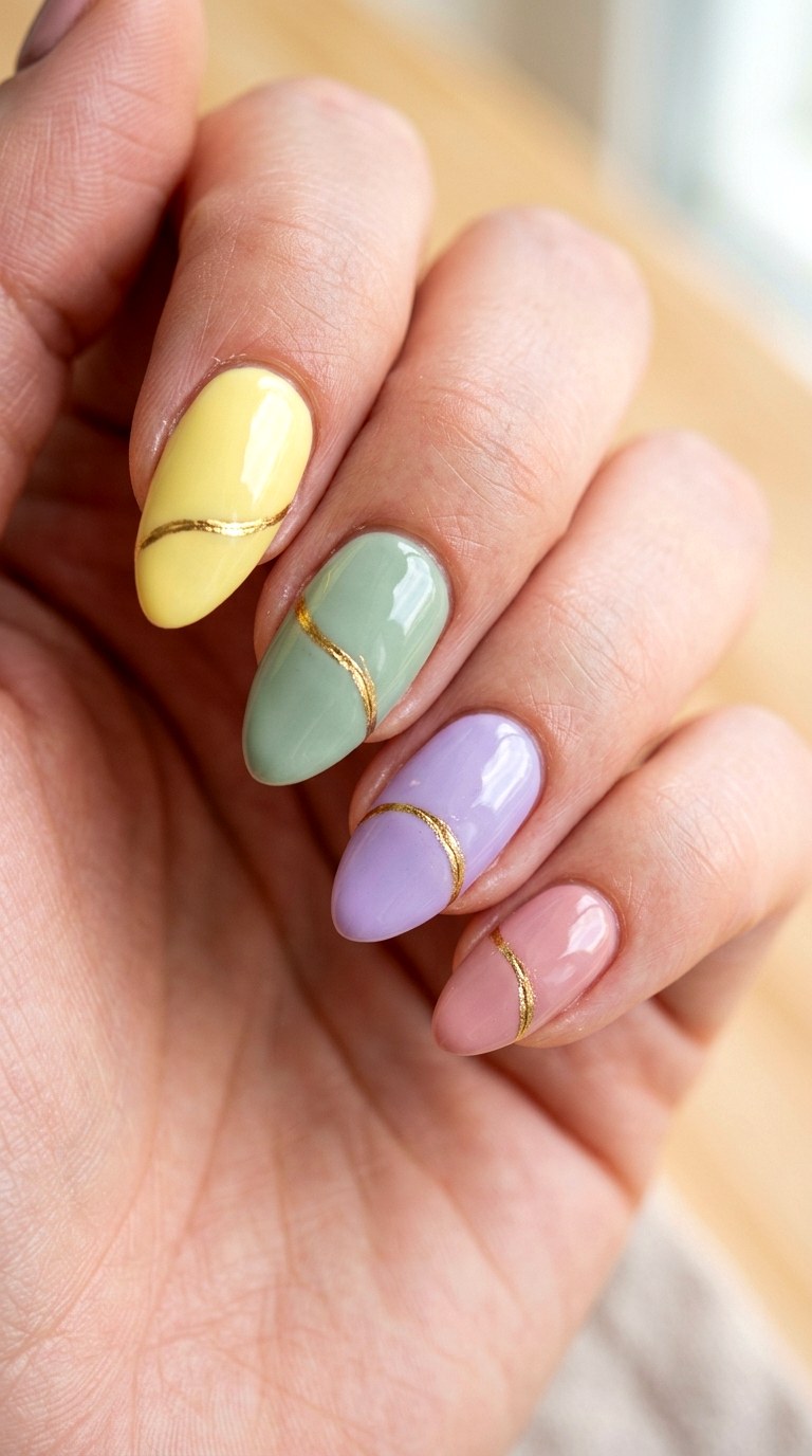 Pastel Skittle with Gold Seams - 23 Whimsical Spring Colorful Junk Nails