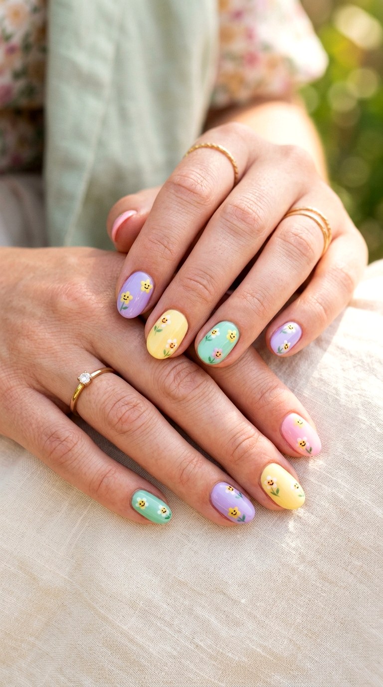 Pastel Smiley Flower Nails - 20 Summer Happy Flower Cartoon Nails Ideas