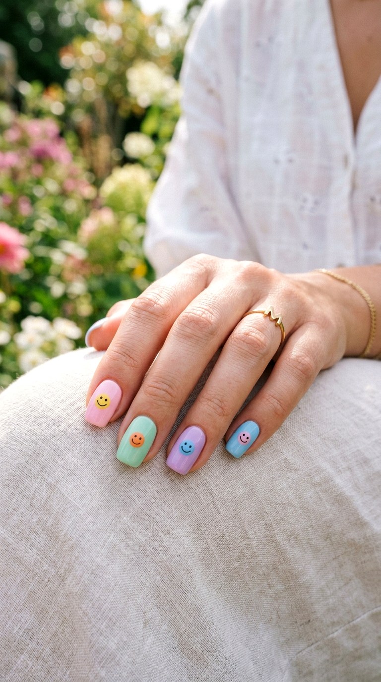 Pastel Smiley Mix Nails - 20 Summer Smiley Face Cartoon Nails Ideas