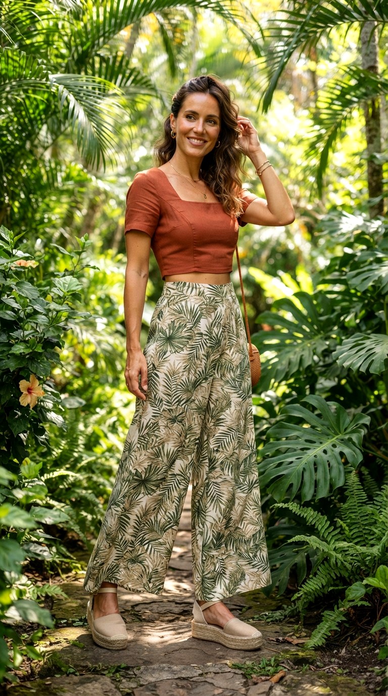 Patterned Tropical Wide Leg Pants - 27 orange top outfit