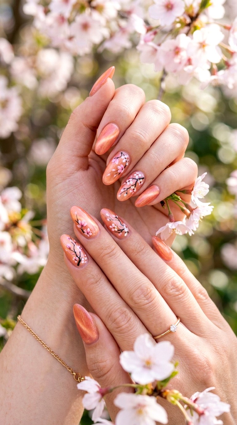 Peach Blossom Cat Eye Nails - 20 Spring Floral Cat Eye Nails Ideas