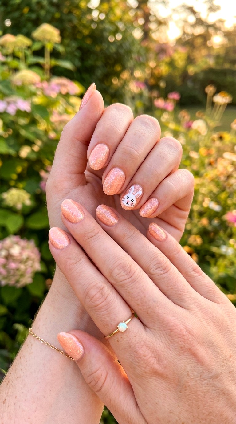 Peach Bunny Glitter Nails - 26 Summer Pastel Bunny Cartoon Nail Ideas