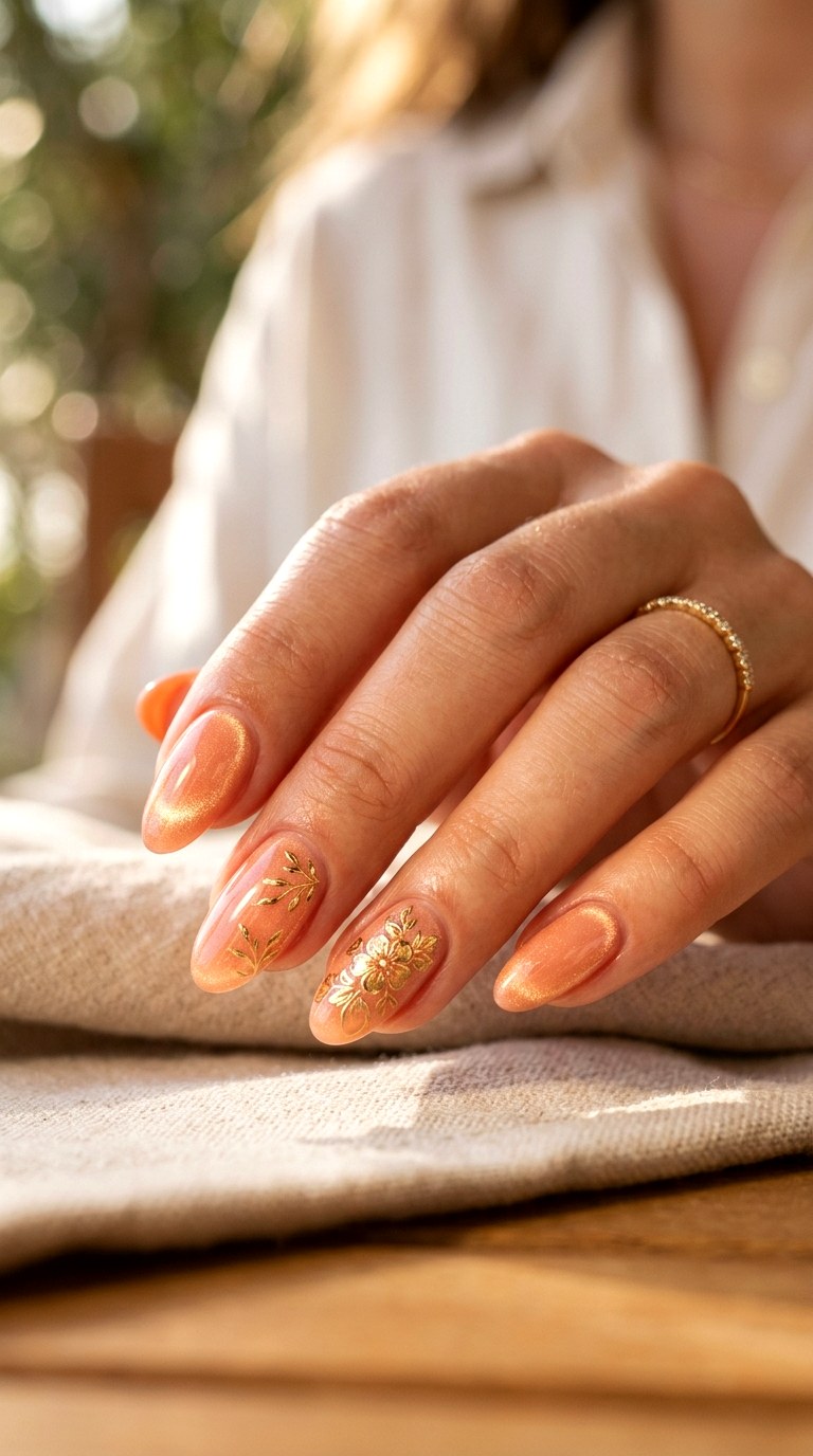 Peach Cat Eye Nails with Gold Floral Accents - 22 Summer Glossy Floral Cat Eye Nails Ideas