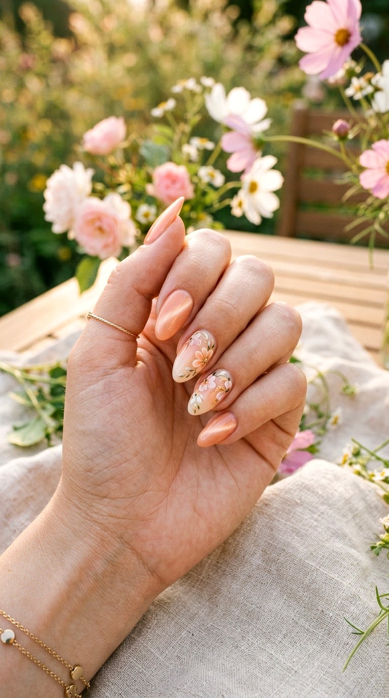 Peach Cat Eye Nails with Soft Floral Details - 25 Summer Floral Cat Eye Nails Ideas