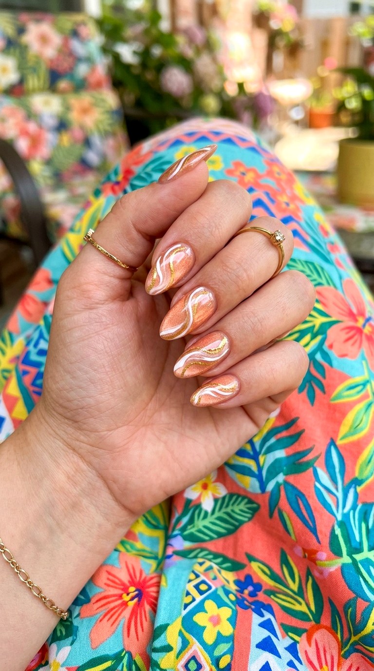 Peach Cat Eye with Abstract Swirl Art - 22 Summer Peach Cat Eye Nails Ideas
